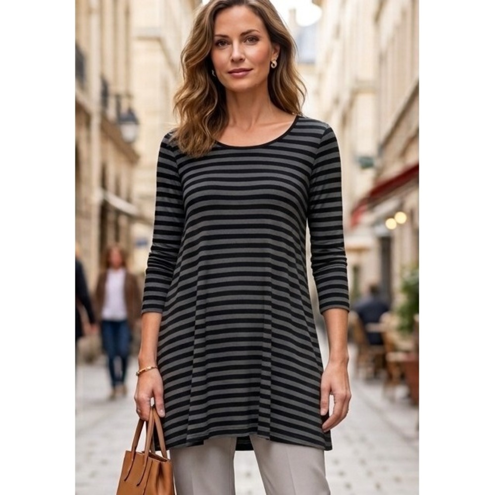 Habitat S Shadow Stripe Long Sleeve Tunic Top Grey Black High-Low Hem Artistic